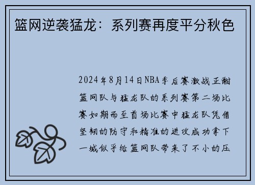 篮网逆袭猛龙：系列赛再度平分秋色