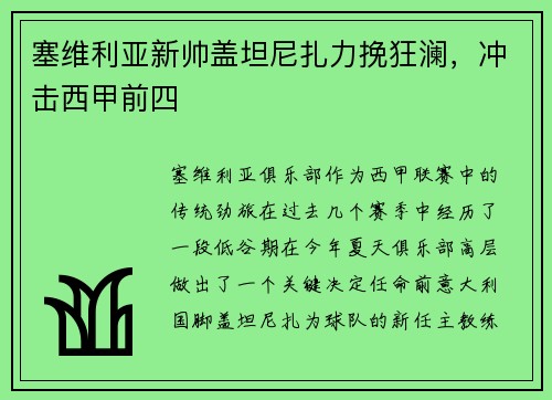 塞维利亚新帅盖坦尼扎力挽狂澜，冲击西甲前四