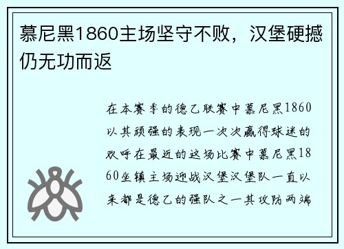 慕尼黑1860主场坚守不败，汉堡硬撼仍无功而返