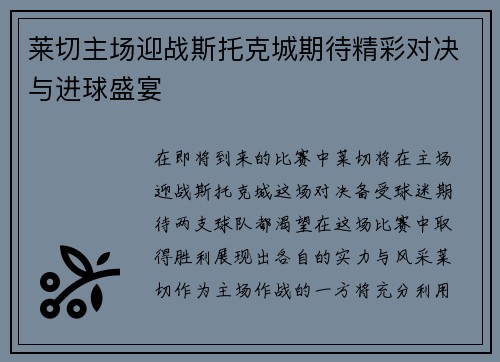 莱切主场迎战斯托克城期待精彩对决与进球盛宴