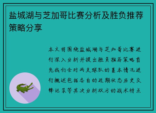盐城湖与芝加哥比赛分析及胜负推荐策略分享