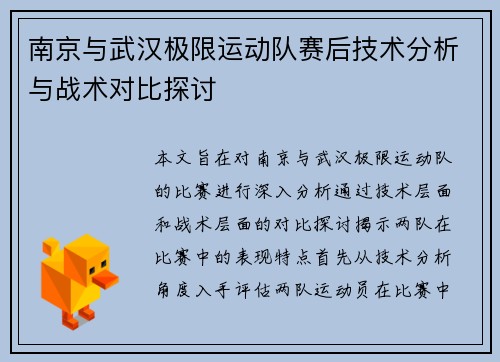 南京与武汉极限运动队赛后技术分析与战术对比探讨